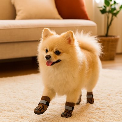 poméranien brun portant Chaussette chien marche sur moquette beige