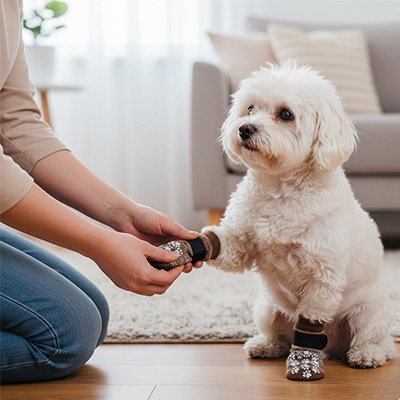 dame tient une patte de bichon blanc portant Chaussette pour chien