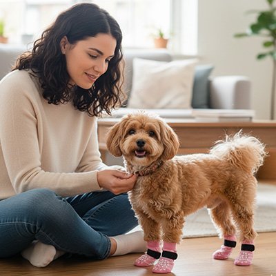 caniche brun portant Chaussette pour chien se fait cajoler par jeune dame dans salon