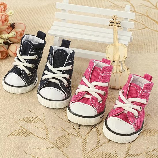Chaussure Chien rose et bleue sur dentelle