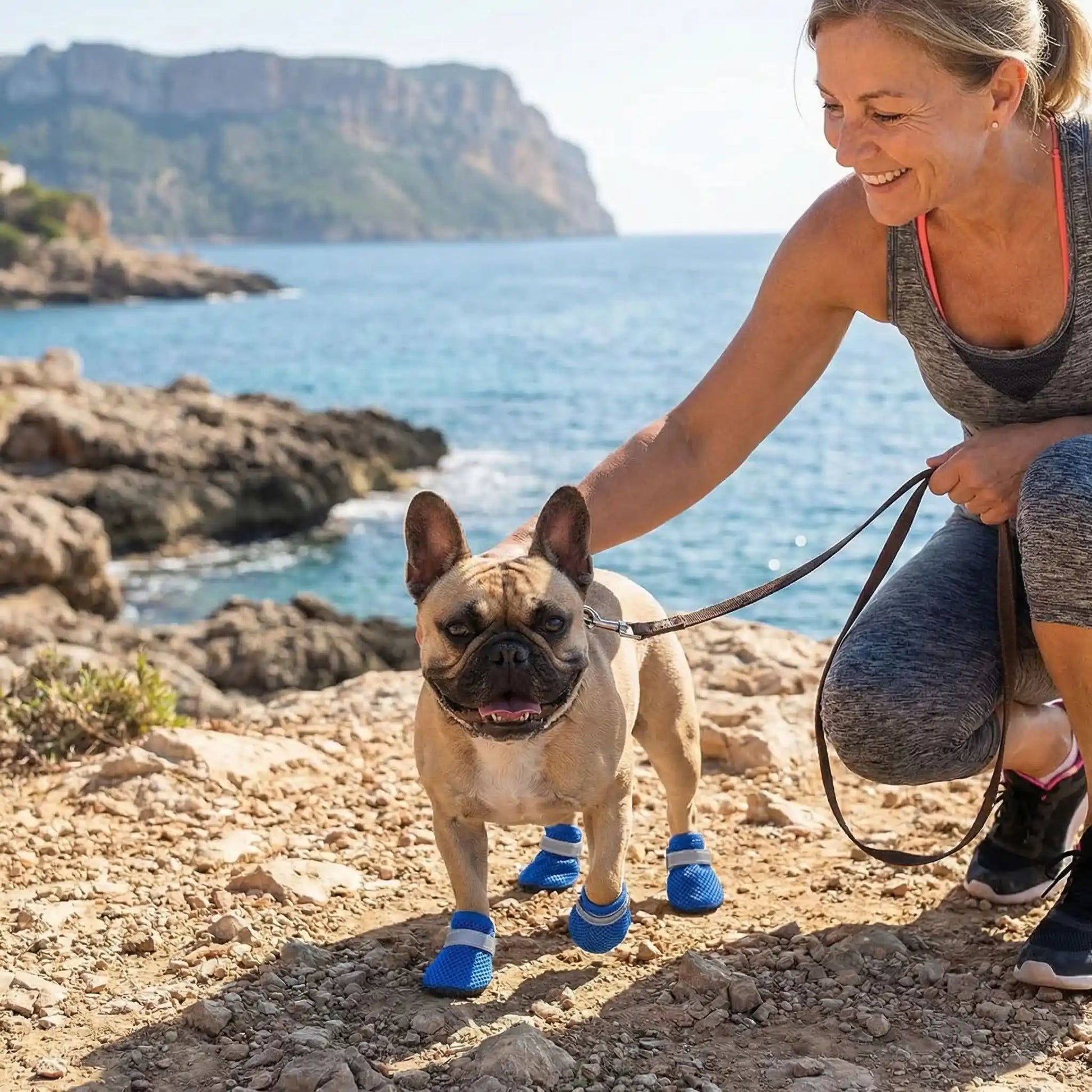 frenchie portant chaussures chien marche sur sentier rocailleux surplombant la mer avec dame 