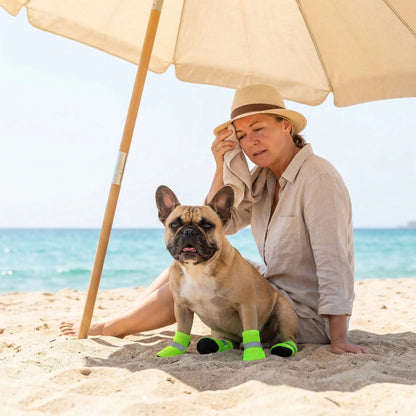 frenchie portant chaussures chien est sous parasol sur plage avec dame