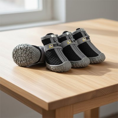 Chaussures pour chien grises sur table en bois