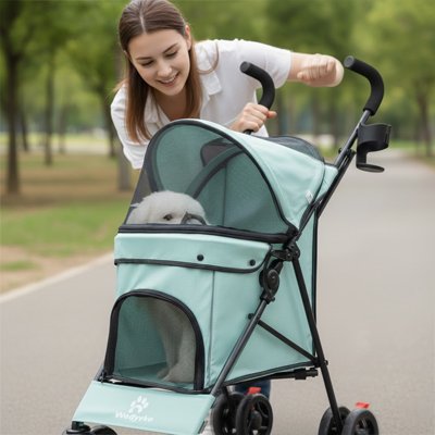 chien blanc assis dans Poussette pour chien vert bleu poussée avec jeune femme qui se penche sur lui dans parc