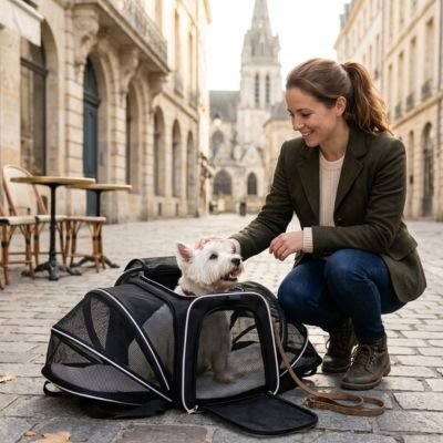 chien blanc assis dans Sac de transport Chien avec femme