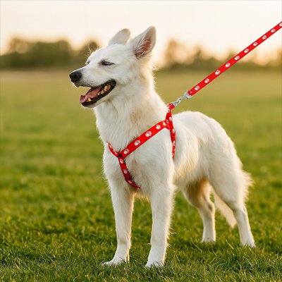 chien blanc portant Harnais pour Chien est debout sur pelouse