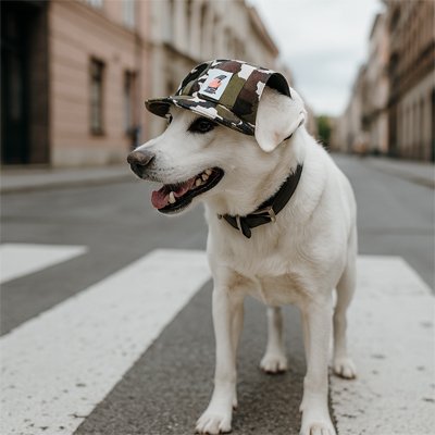 chien blanc porte Casquette pour chien​ dans la rue