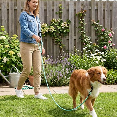 chien brun en Laisse Chien avec femme dans cour arrière de maison