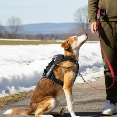 chien brun et blanc porte Harnais chien en hiver