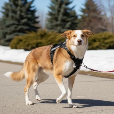 chien brun et blanc porte Harnais chien noir en hiver