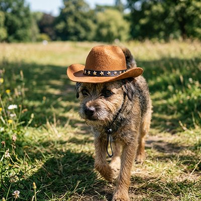 chien brun et noir porte chapeau Chien dans un pré