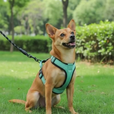 chien brun portant Harnais pour petit Chien vert en laisse sur pelouse
