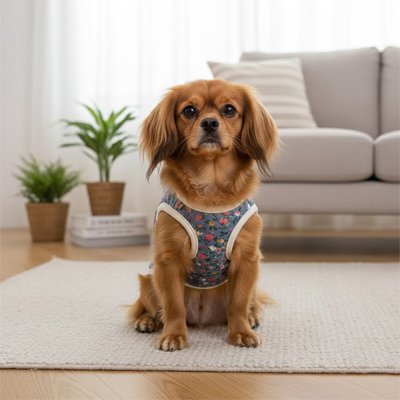 chien brun portant Manteau Chien est sur tapis gris dans salon