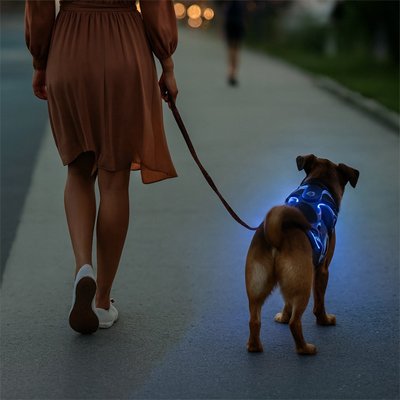 chien brun porte Harnais lumineux chien et marche en laisse sur rue