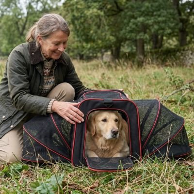 chien couché dans Sac de transport Chien dans un pré avec dame