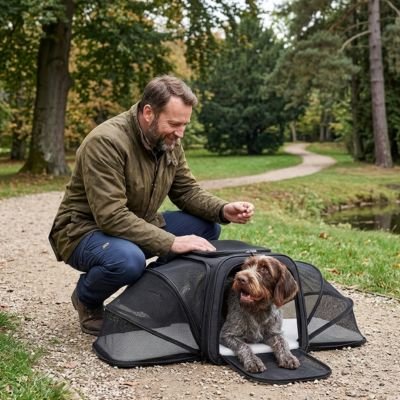 chien noir et brun sort de Sac de transport Chien avec homme