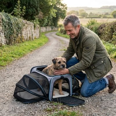 chien noir et brun sort de Sac de transport Chien par le haut avec homme