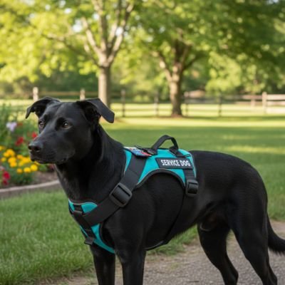 chien noir porte Harnais chien bleu vert