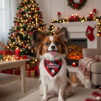 chien papillon portant Bandana Chien est assis près sapin noël