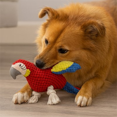 chien roux joue avec Peluche Chien sur pmoquette