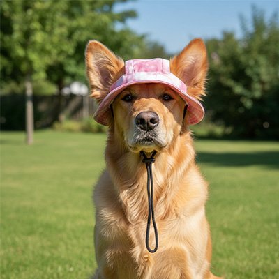 chien roux portant Casquette chien​ est assis dans pré