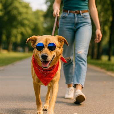 chien roux portant Lunettes pour chien marche sur trottoir avec dame