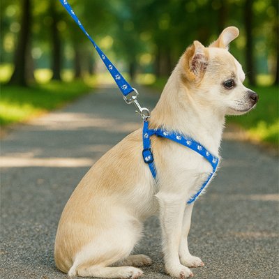 chihuahua beige portant Harnais pour Chien est debout sur pelouse est assis sur pave de parc
