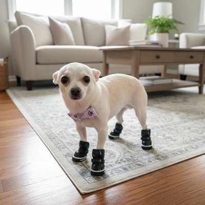 chihuahua blanc portant Botte pour Chiens attend sur moquette imprimée