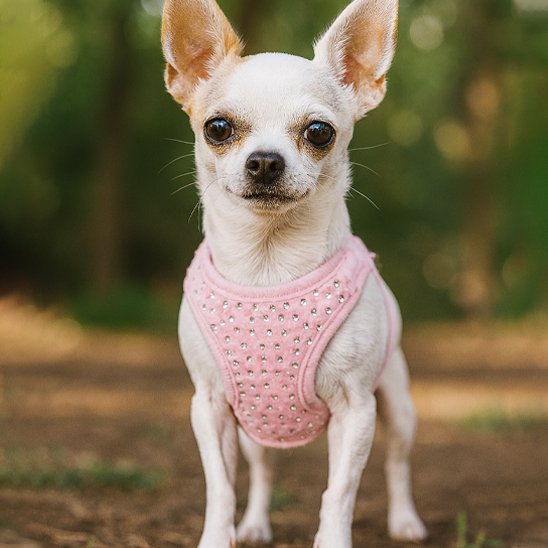 chihuahua blanc portant Harnais petit chien rose debout sur sentier