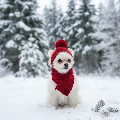 chihuahua blanc porte Bonnet pour chien​ dans neige