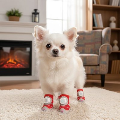 chihuahua blanc porte Chaussures pour chien sur moquette blanche