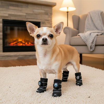 chihuahua blond porte Chaussures pour chien sur moquette blanche