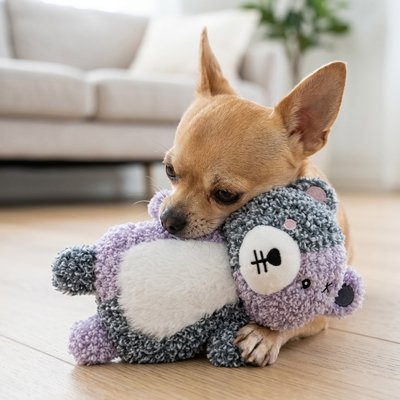 chihuahua mordille Peluche pour chien sur parquet