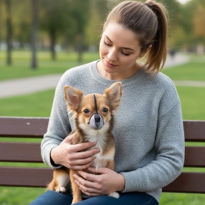 chihuahua poil long portant Muselière pour chien​ est assis sur jeune dame