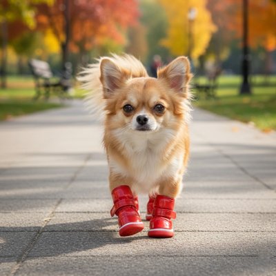 chihuahua portant Botte pour Chiens marche sur trottoir en ciment