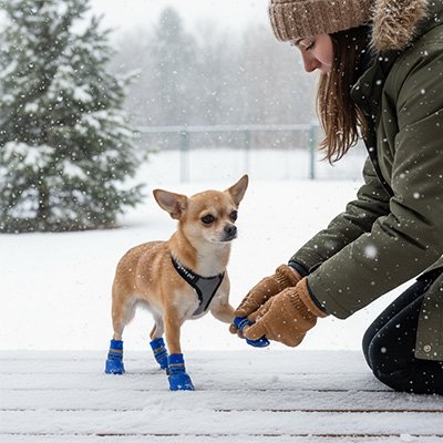 chihuahua portant Chaussure pour Chien dans la neige avec femme