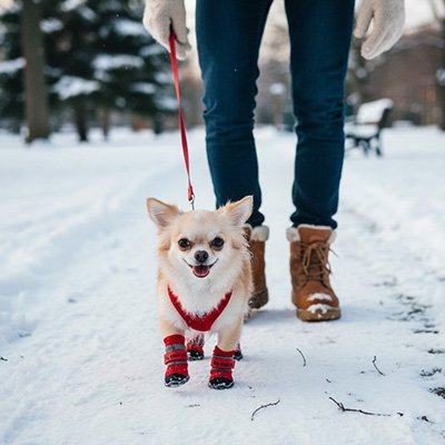 chihuahua portant Chaussure pour Chien dans la neige avec homme