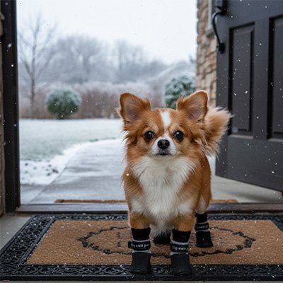 chihuahua portant Chaussure pour Chien debout sur seuile de porte