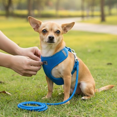 chihuahua portant Harnais chiot est assis sur pelouse