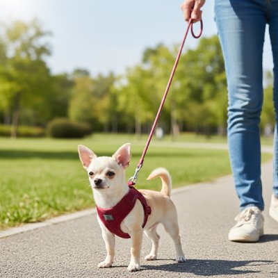 chihuahua portant Harnais chiot marche sur sentier de ciment