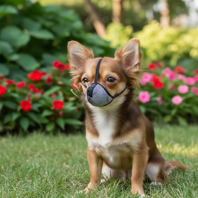 chihuahua portant Muselière pour chien​ est assis dans parc fleuri