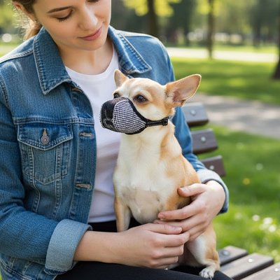 chihuahua portant Muselière pour chien​ est assis sur jeune dame sur banc de parc