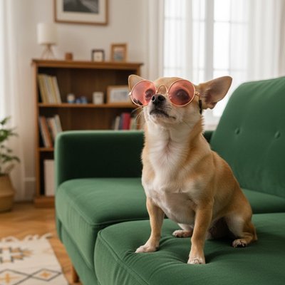 chihuahua porte Lunette de soleil pour chien assis sur canapé vert