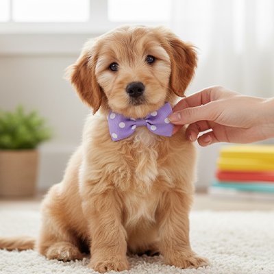 chior golden retriever porte collier noeud papillon chien assis sur moquette
