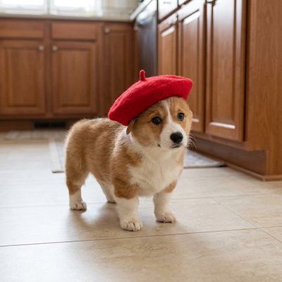 chiot corgi porte chapeau Chien dans la cuisine