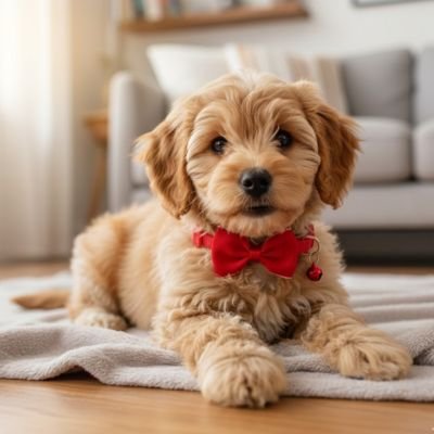 chiot golden doodle porte noeud papillon chien dans salon
