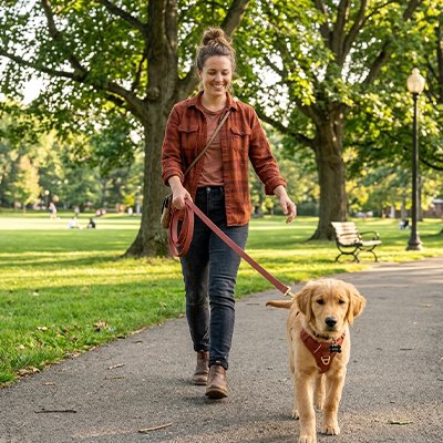chiot golden retriever en Longe Chien avec femme dans parc