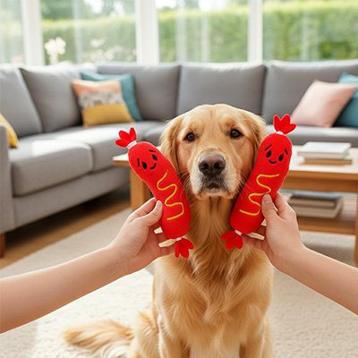 chiot golden retriever joue avec 2 Peluche chien sur sol de bois
