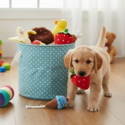 chiot golden retriever joue avec Peluche Chien fraise sur sol