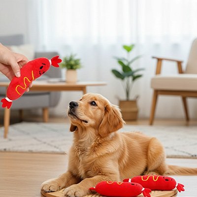 chiot golden retriever joue avec Peluche chien sur sol de bois